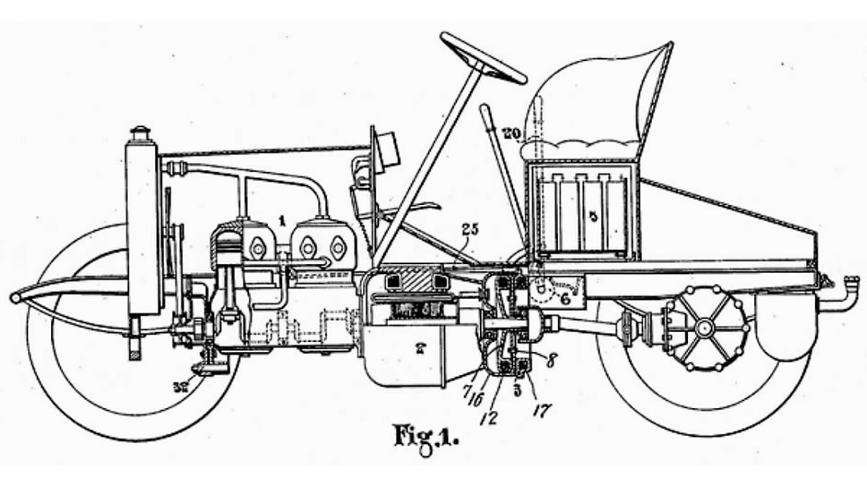 Патент 1909 года, выданный бельгийцу Генри Пайперу на конструкцию автомобиля с гибридной силовой установкой