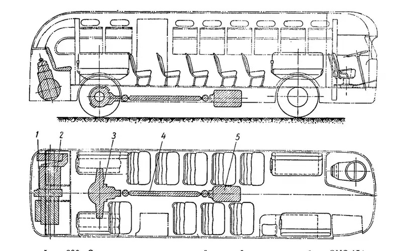 Схема устройства силового агрегата автобуса ЗИС-154: ДВС в задней части кузова, электромотор — в нижней